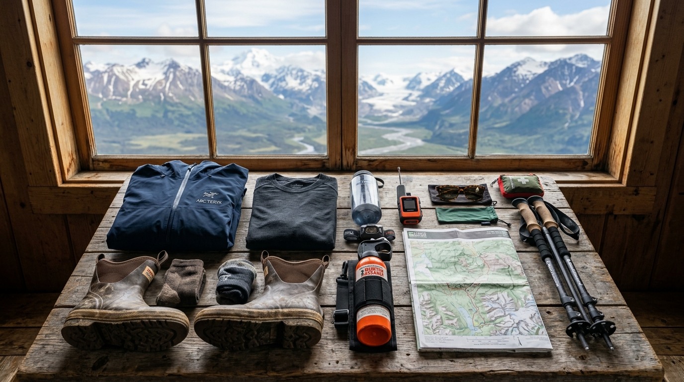 Alaska summer wilderness packing gear flat lay with Gore-Tex jacket, Xtratuf boots, bear spray, and Garmin satellite messenger on a timber table overlooking mountains Alaska summer wilderness packing gear flat lay with Gore-Tex jacket, Xtratuf boots, bear spray, and Garmin satellite messenger on a timber table overlooking mountains