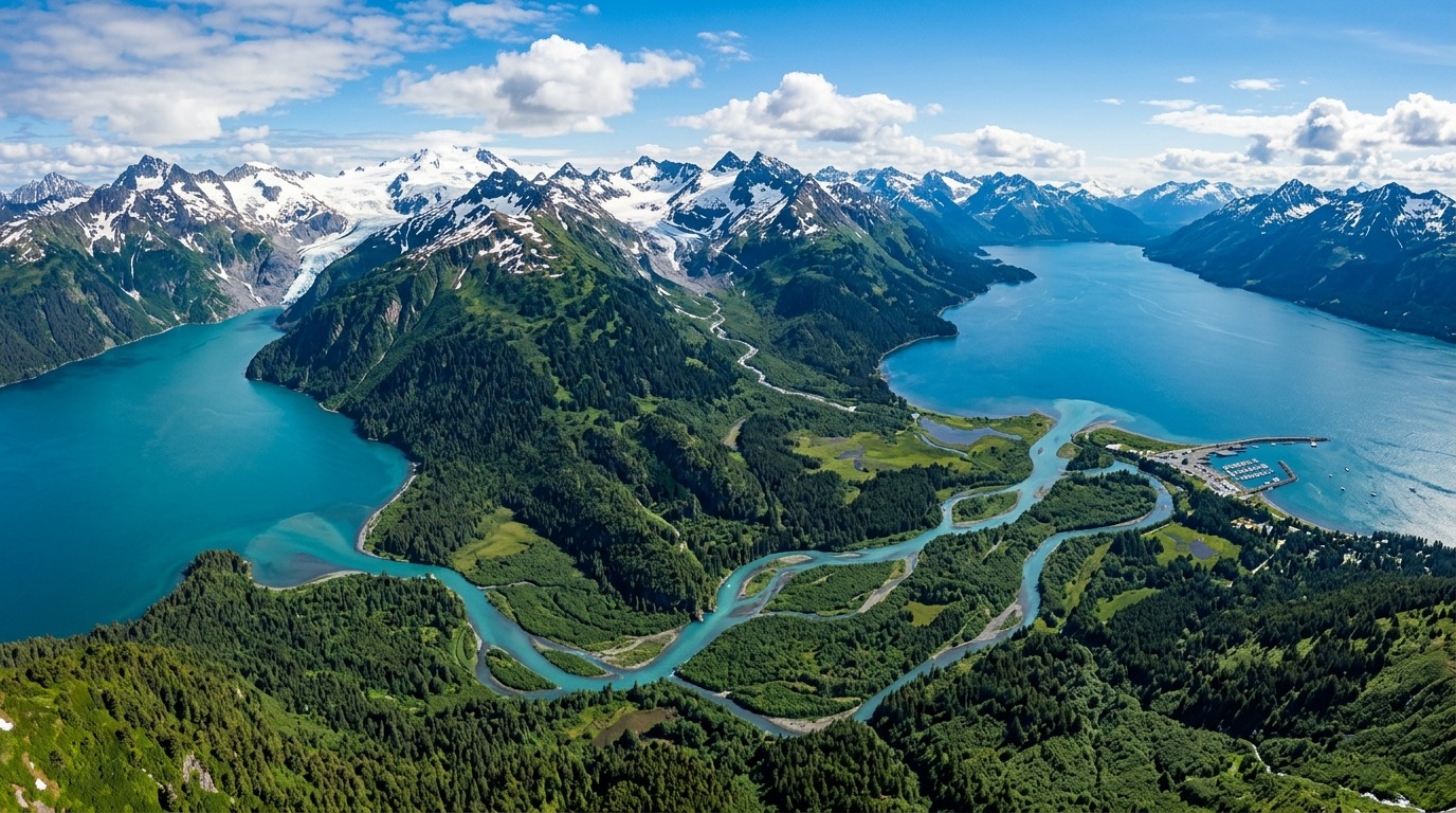 Kenai Peninsula Regional Landscape Aerial panoramic photograph of the Kenai Peninsula in Alaska with turquoise glacial rivers, emerald boreal spruce forests, and snow-capped granite peaks