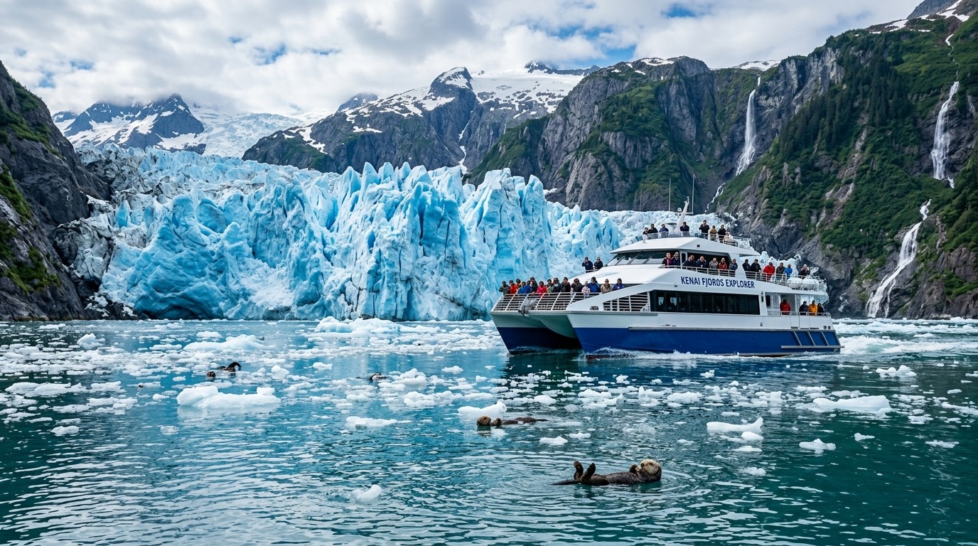 High-speed catamaran cruise boat viewing an actively calving blue tidewater glacier in Kenai Fjords National Park