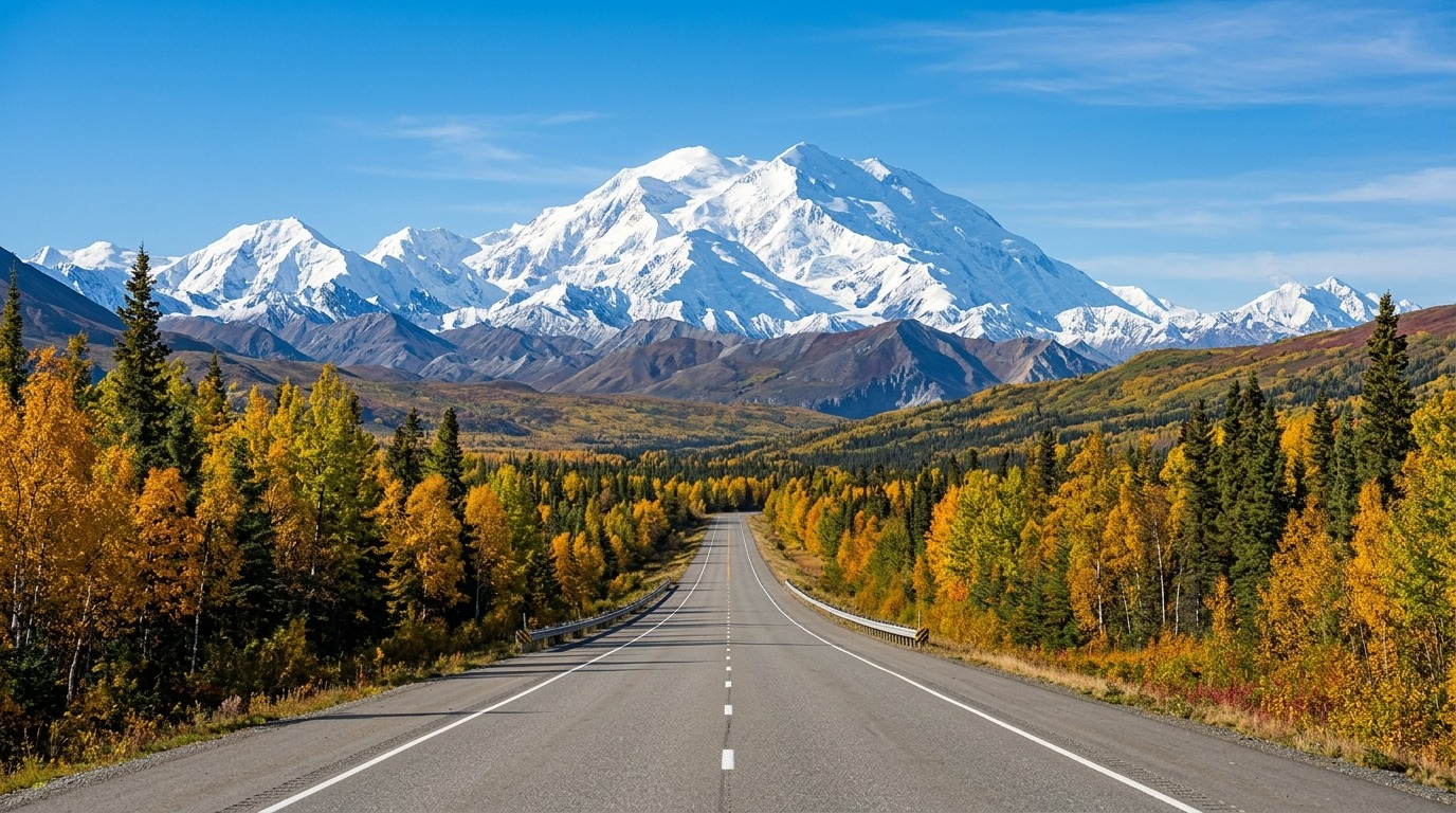 George Parks Highway (AK-3) Anchorage to Fairbanks Drive George Parks Highway looking north toward the massive snow-covered peaks of Denali and the Alaska Range